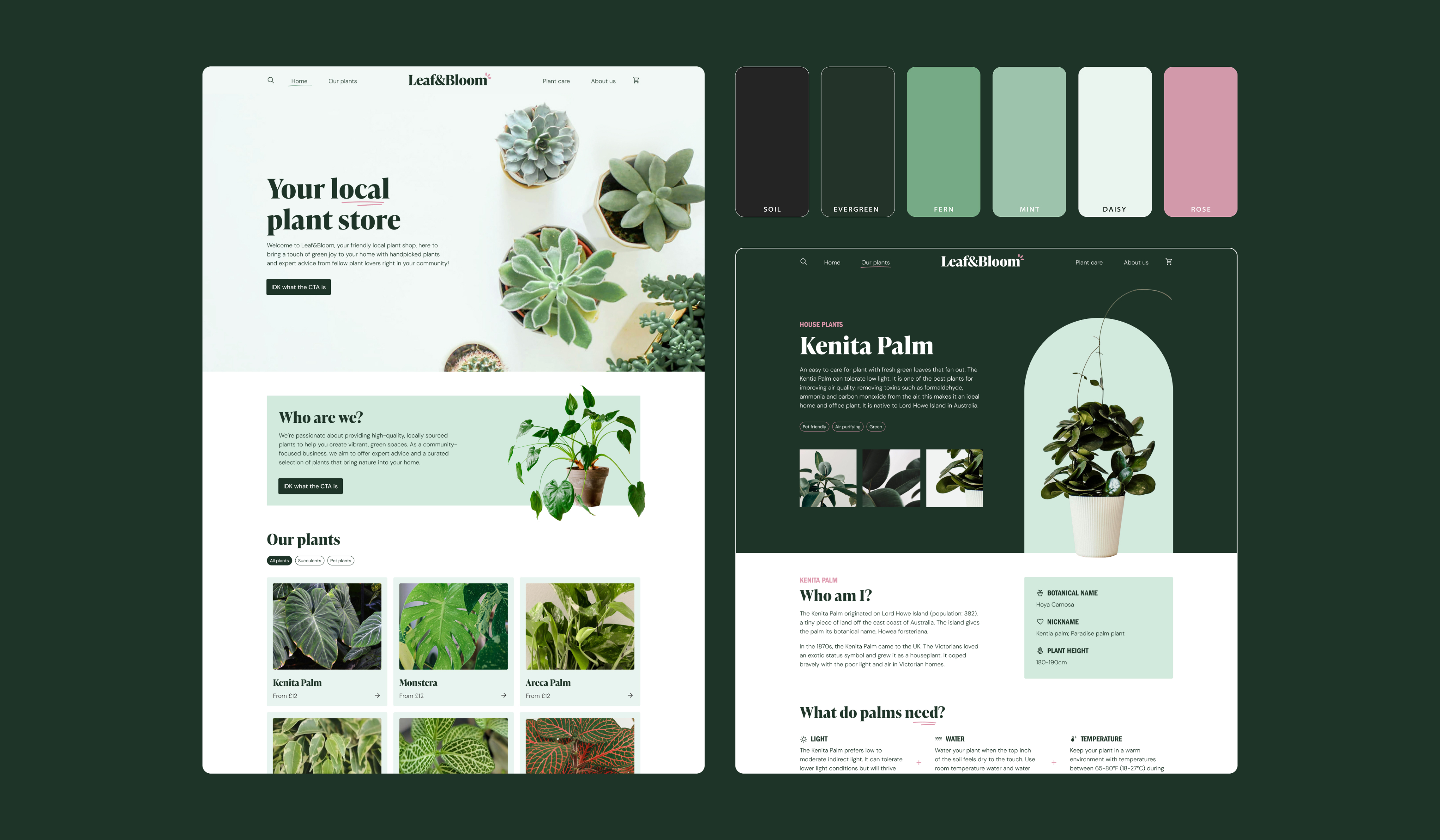 Our branding and website design document we made for the Leaf&Bloom project, showing their new logo and colour palette, and a screenshot of the homepage design